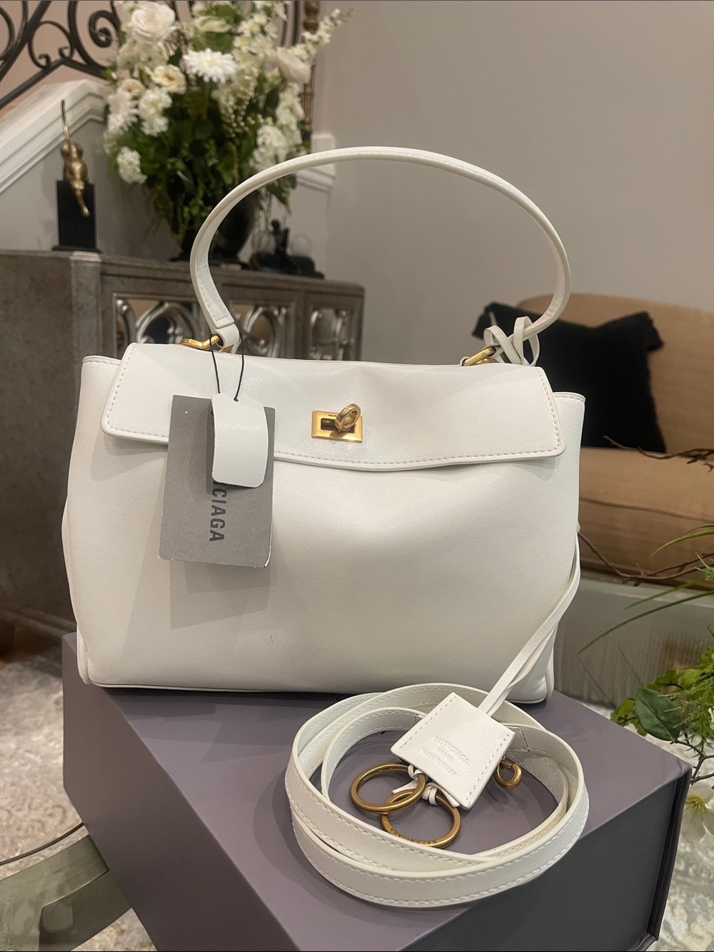 Designer Inspired White Leather Top-Handle Satchel with Gold Hardware
